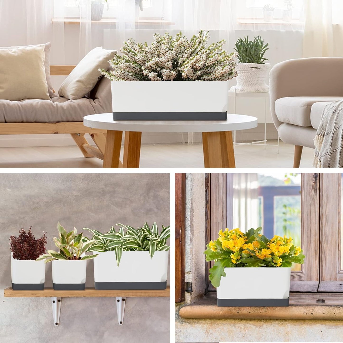 Self-Watering Planters Pots 7 Pack | Indoor Herb & Flower Window Boxes with Drainage & Saucers | 4", 8", 17" Rectangular Set