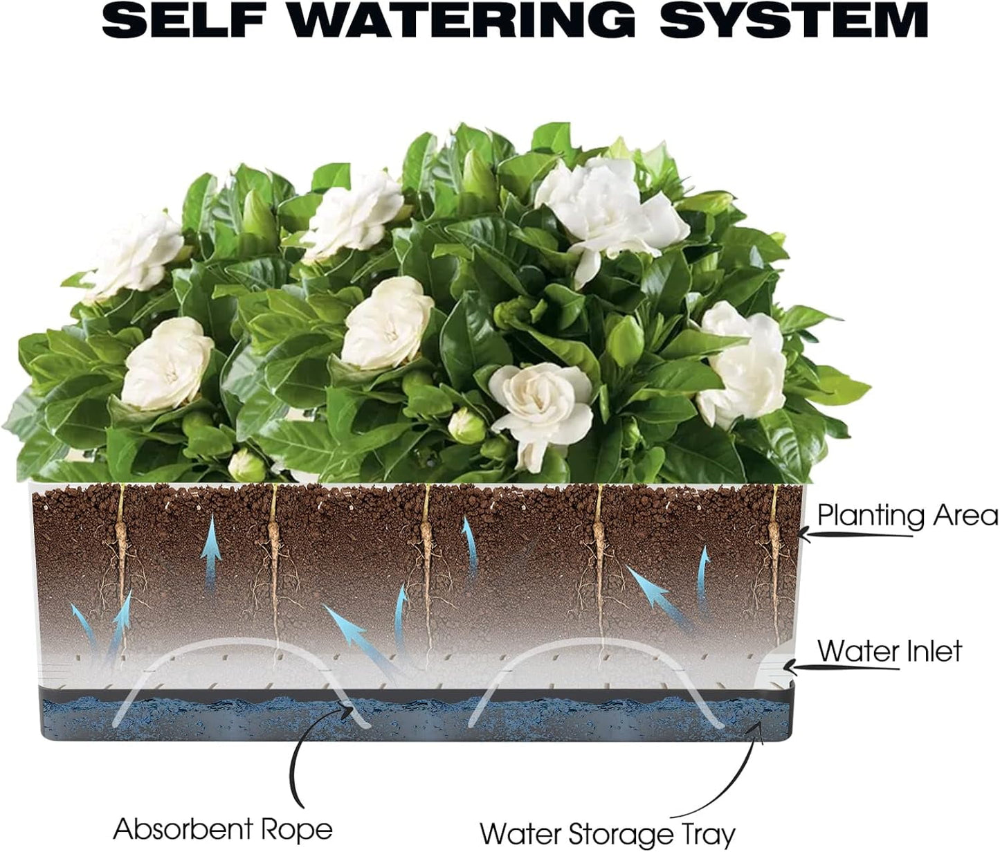 Self-Watering Planters Pots 7 Pack | Indoor Herb & Flower Window Boxes with Drainage & Saucers | 4", 8", 17" Rectangular Set