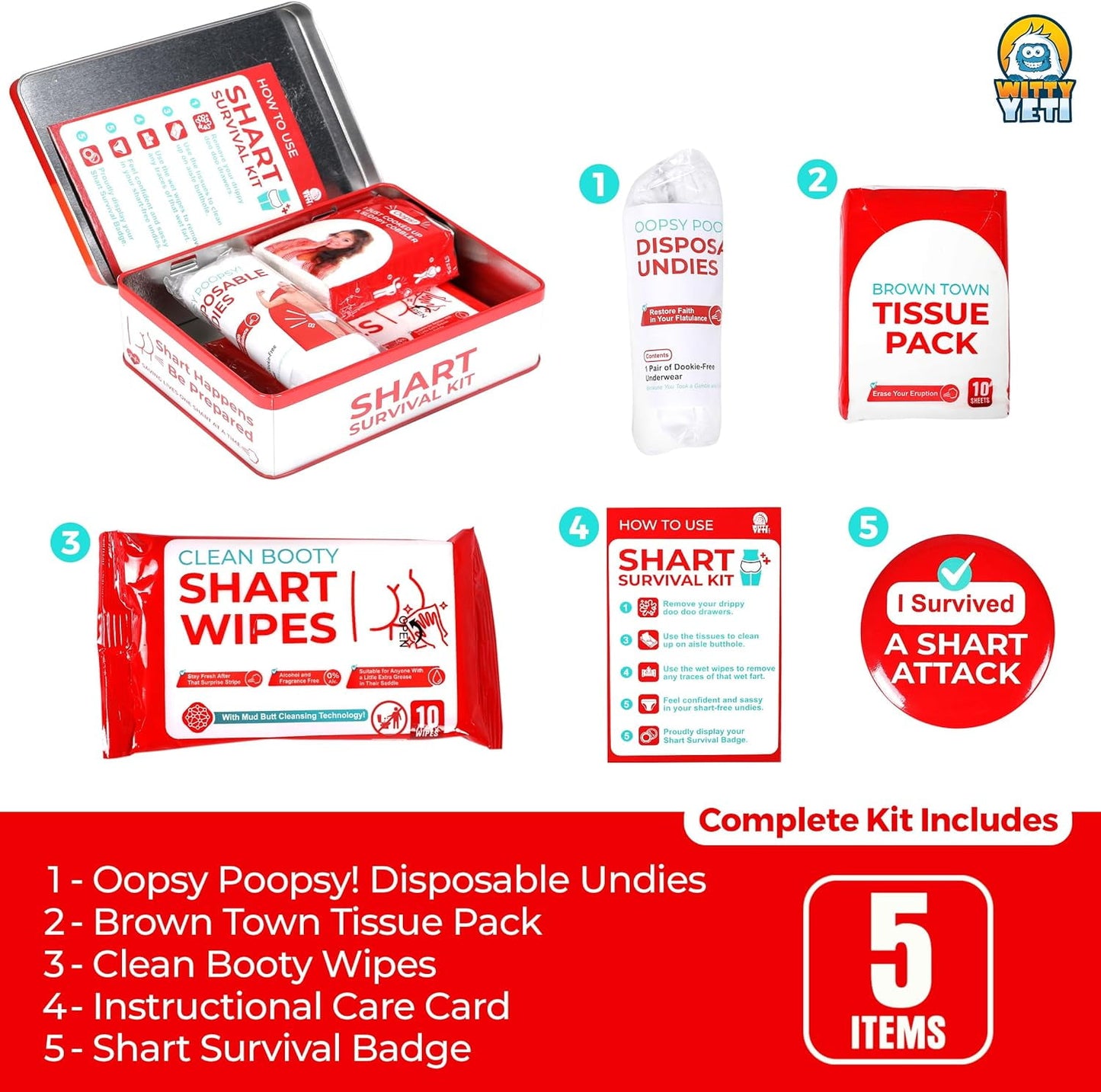 Funny Shart Survival Kit – Ultimate Poop Prank Gag Gift Set with Wet Wipes, Disposable Underwear, Tissues & Hilarious Badge