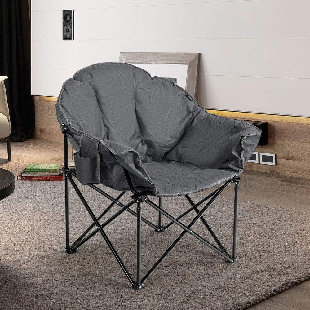 Gray Steel Folding Camping Moon Padded Chair with Carry Bag | Heavy-Duty Outdoor Seat