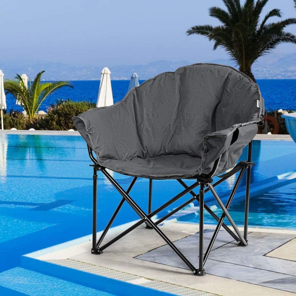 Gray Steel Folding Camping Moon Padded Chair with Carry Bag | Heavy-Duty Outdoor Seat