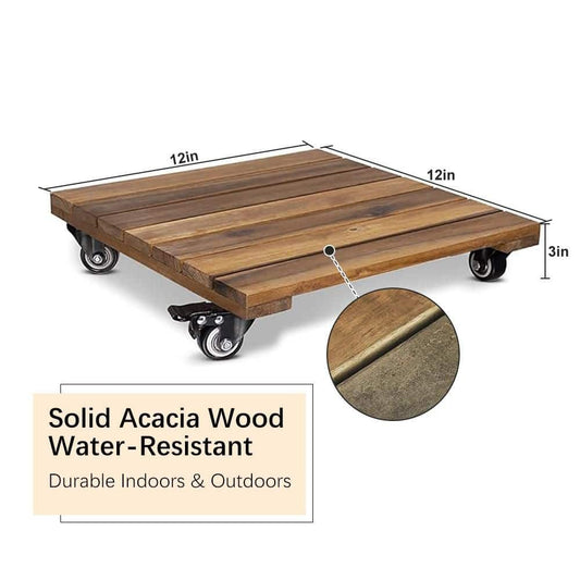 2 Pack 12" Square Wooden Plant Caddy with Lockable Wheels – Heavy Duty Acacia Wood Plant Stand for Large Pots, Indoor & Outdoor Use