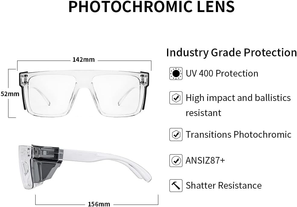 UV400 Transition Photochromic Safety Glasses | ANSI Z87 Impact Resistant