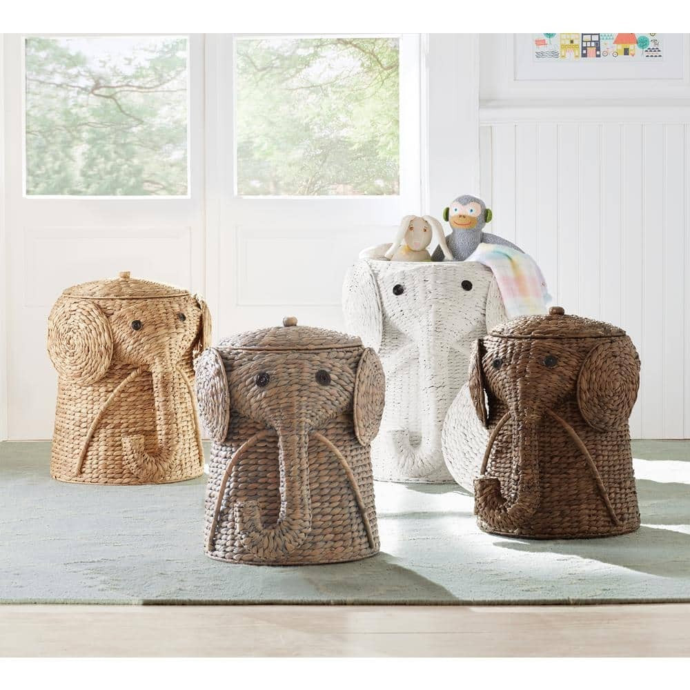 Elephant Natural Woven Laundry Hamper Basket with Lid – Handcrafted Water Hyacinth Storage (16" W x 20" H)