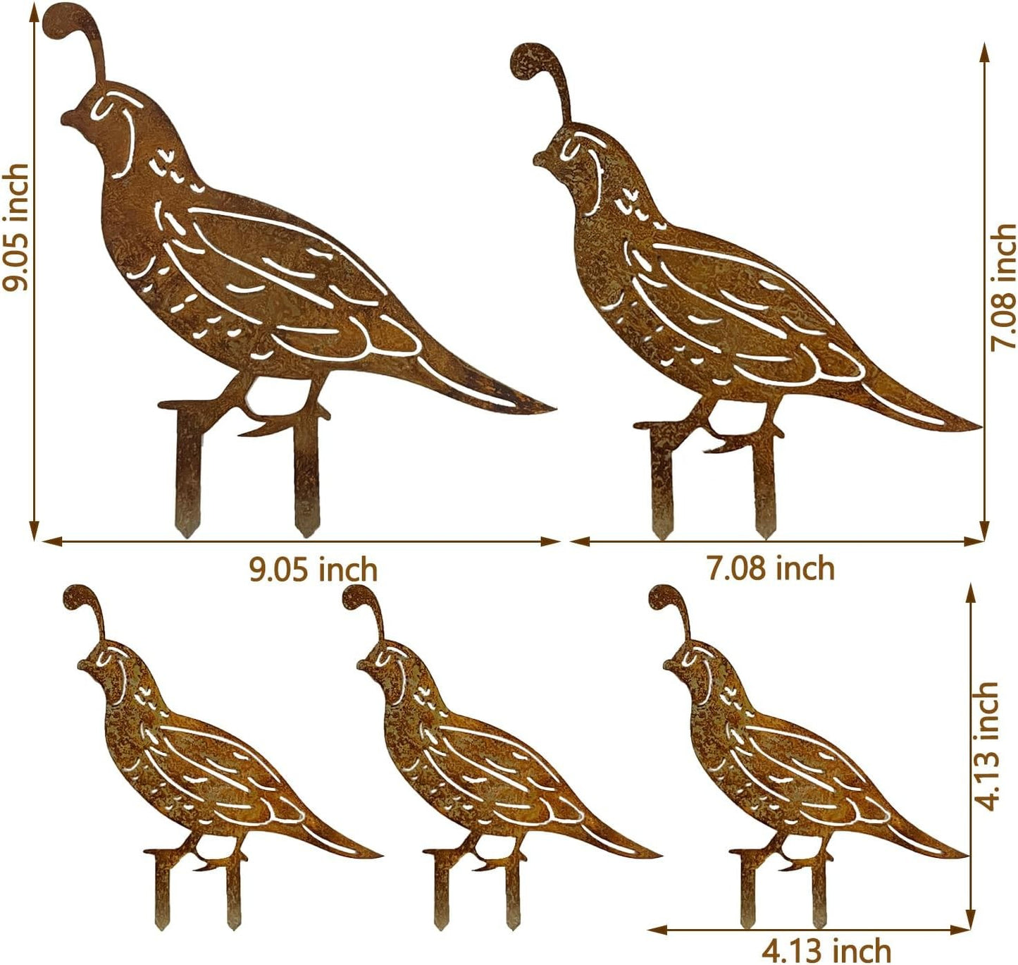 5Pcs Rusty Quail Family Decorative Garden Stakes | Metal Birds Yard Decor