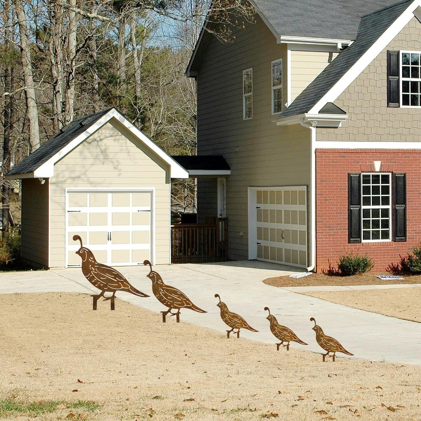 5Pcs Rusty Quail Family Decorative Garden Stakes | Metal Birds Yard Decor