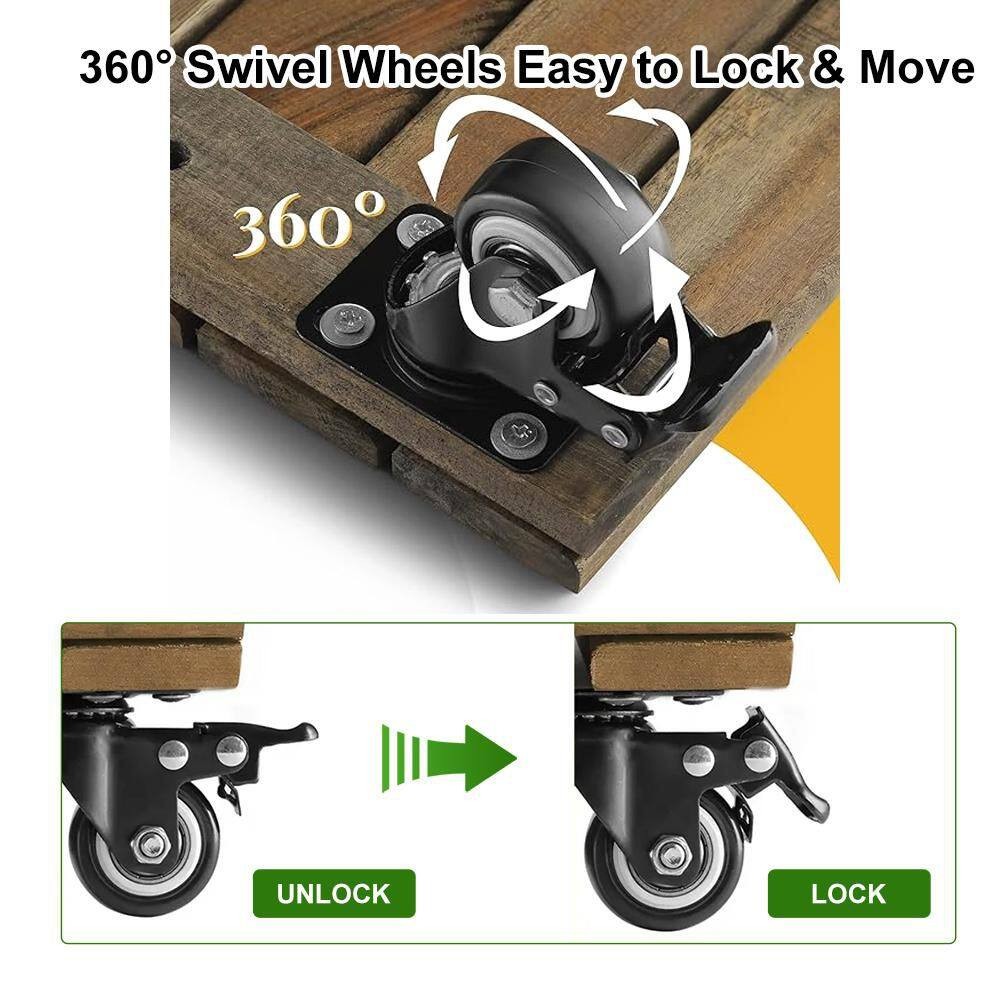 2 Pack 12" Square Wooden Plant Caddy with Lockable Wheels – Heavy Duty Acacia Wood Plant Stand for Large Pots, Indoor & Outdoor Use