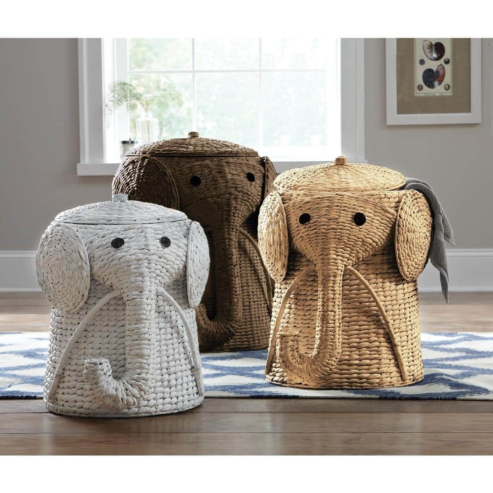 Elephant Natural Woven Laundry Hamper Basket with Lid – Handcrafted Water Hyacinth Storage (16" W x 20" H)
