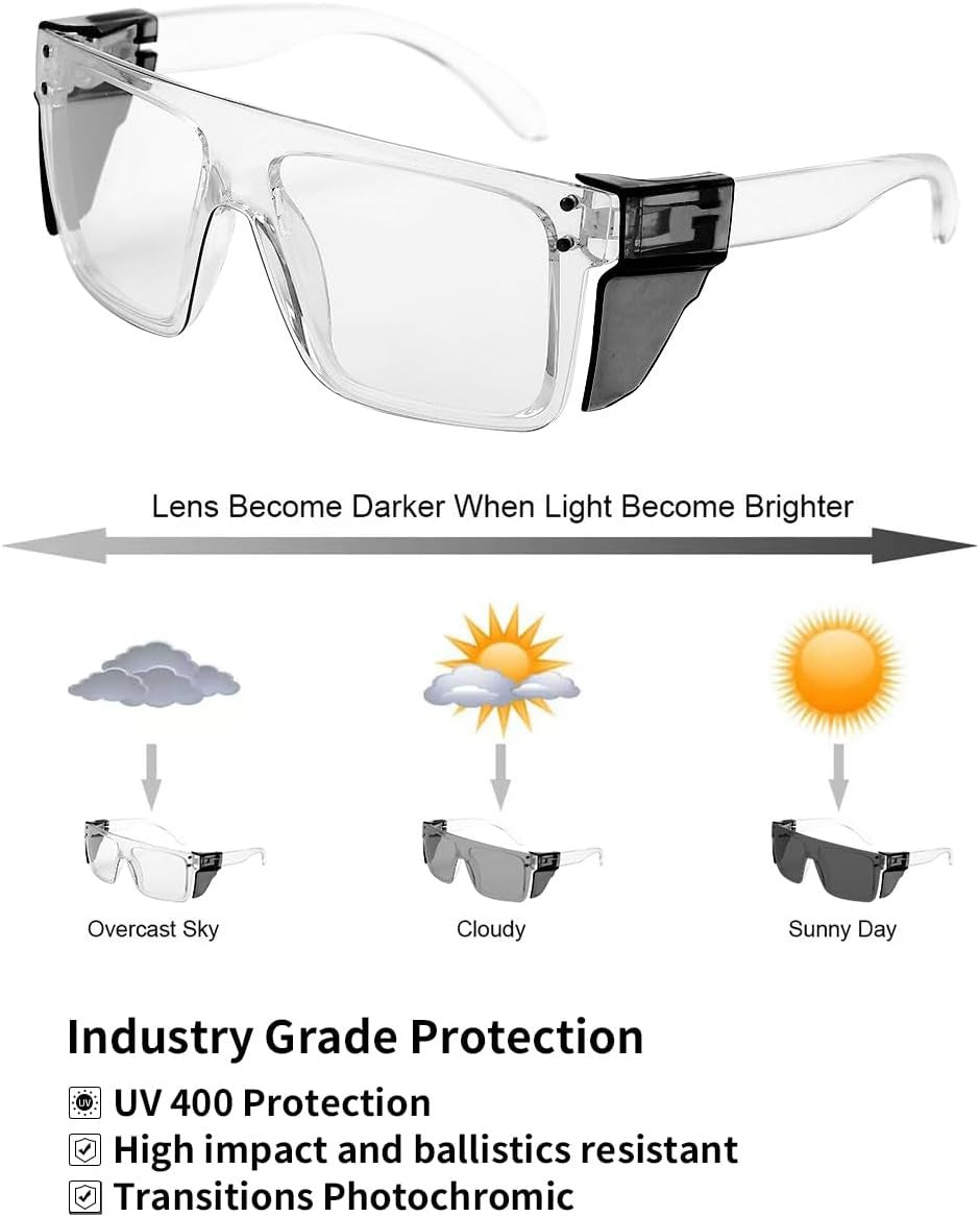 UV400 Transition Photochromic Safety Glasses | ANSI Z87 Impact Resistant