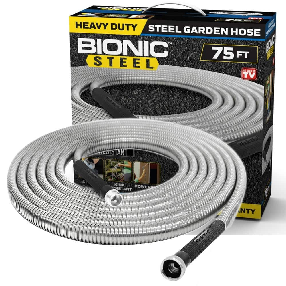 5/8 in. Dia. x 75 ft. Heavy-Duty Stainless Steel Garden Hose – Kink-Free, Weatherproof, Lightweight
