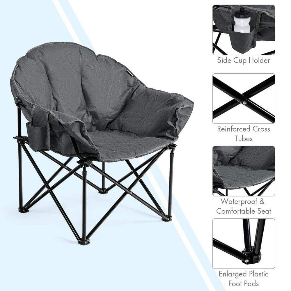 Gray Steel Folding Camping Moon Padded Chair with Carry Bag | Heavy-Duty Outdoor Seat