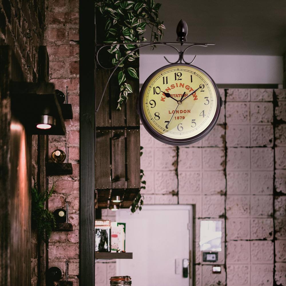 Double-Sided Vintage Wall Clock | Antique Station Style Mount Clock