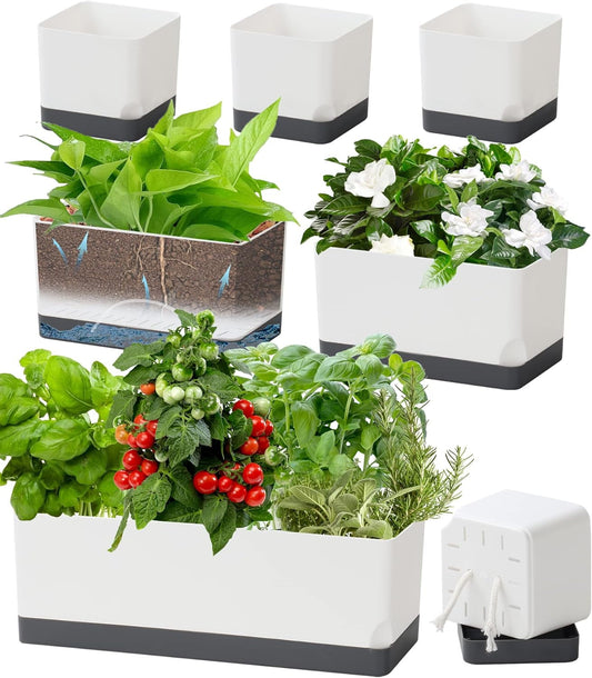 Self-Watering Planters Pots 7 Pack | Indoor Herb & Flower Window Boxes with Drainage & Saucers | 4", 8", 17" Rectangular Set