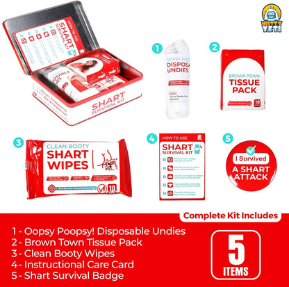 Funny Shart Survival Kit – Ultimate Poop Prank Gag Gift Set with Wet Wipes, Disposable Underwear, Tissues & Hilarious Badge