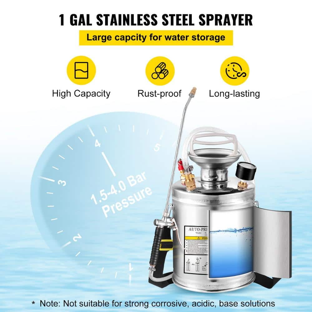 Stainless Steel Handheld Pump Sprayer – 1 Gal for Gardening, Pest Control & Outdoor Cleaning