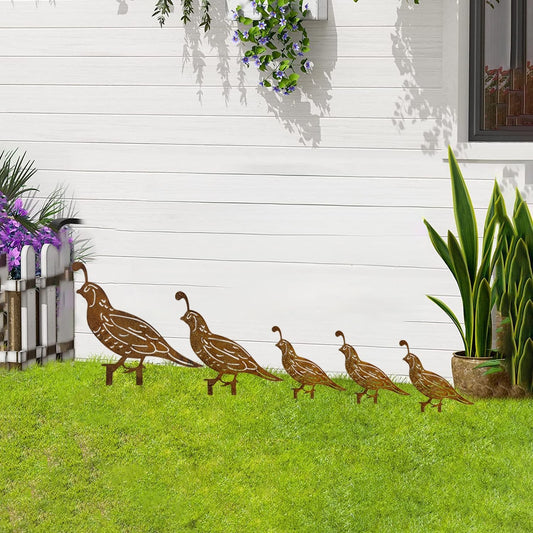 5Pcs Rusty Quail Family Decorative Garden Stakes | Metal Birds Yard Decor