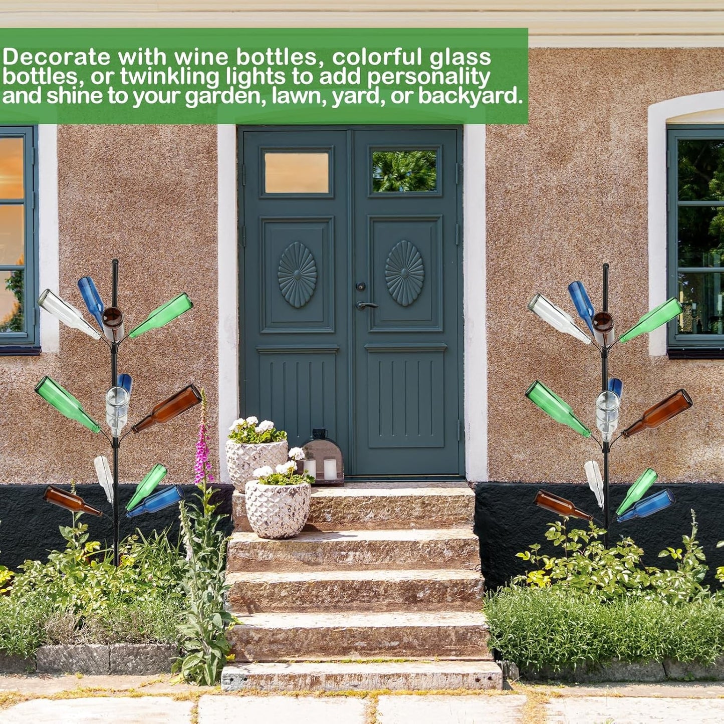 2 Pcs Heavy Duty Metal Wine Bottle Tree Garden Decor, 47 Inches Tall | Outdoor Rustic Yard Art Display