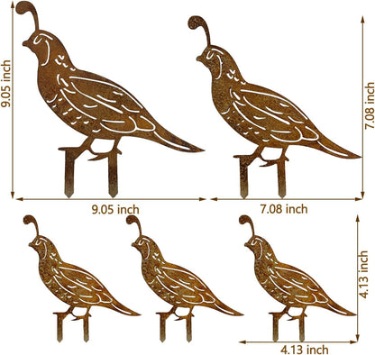 5Pcs Rusty Quail Family Decorative Garden Stakes | Metal Birds Yard Decor
