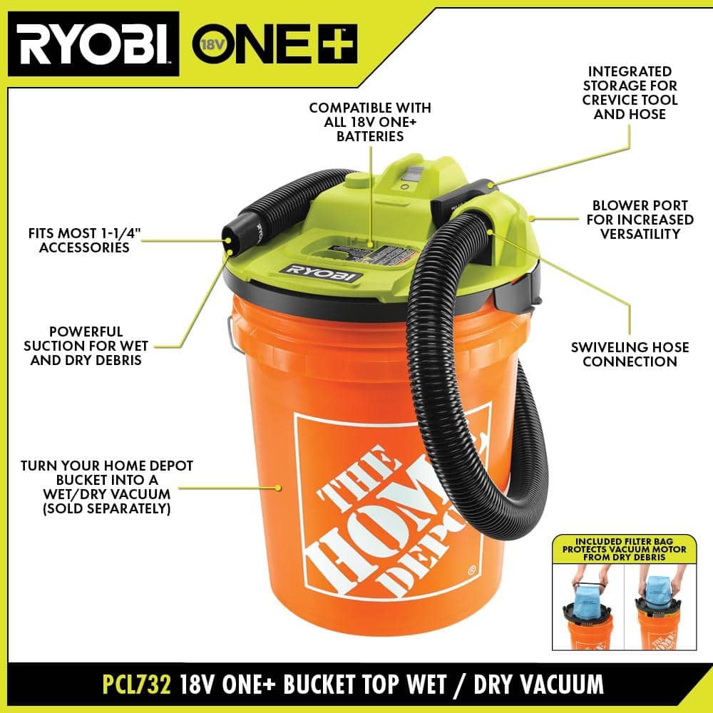 One+ 18V Cordless 5 Gal. Bucket Top Wet/Dry Vacuum (Tool Only) With 1/4" Hose