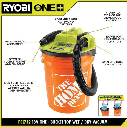 One+ 18V Cordless 5 Gal. Bucket Top Wet/Dry Vacuum (Tool Only) With 1/4" Hose