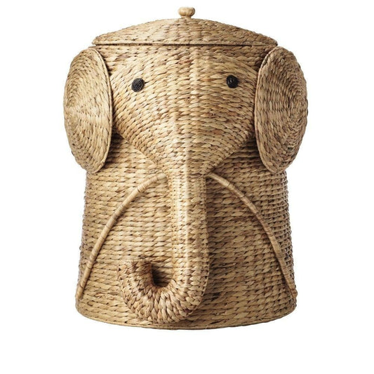 Elephant Natural Woven Laundry Hamper Basket with Lid – Handcrafted Water Hyacinth Storage (16" W x 20" H)