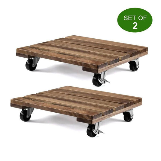 2 Pack 12" Square Wooden Plant Caddy with Lockable Wheels – Heavy Duty Acacia Wood Plant Stand for Large Pots, Indoor & Outdoor Use