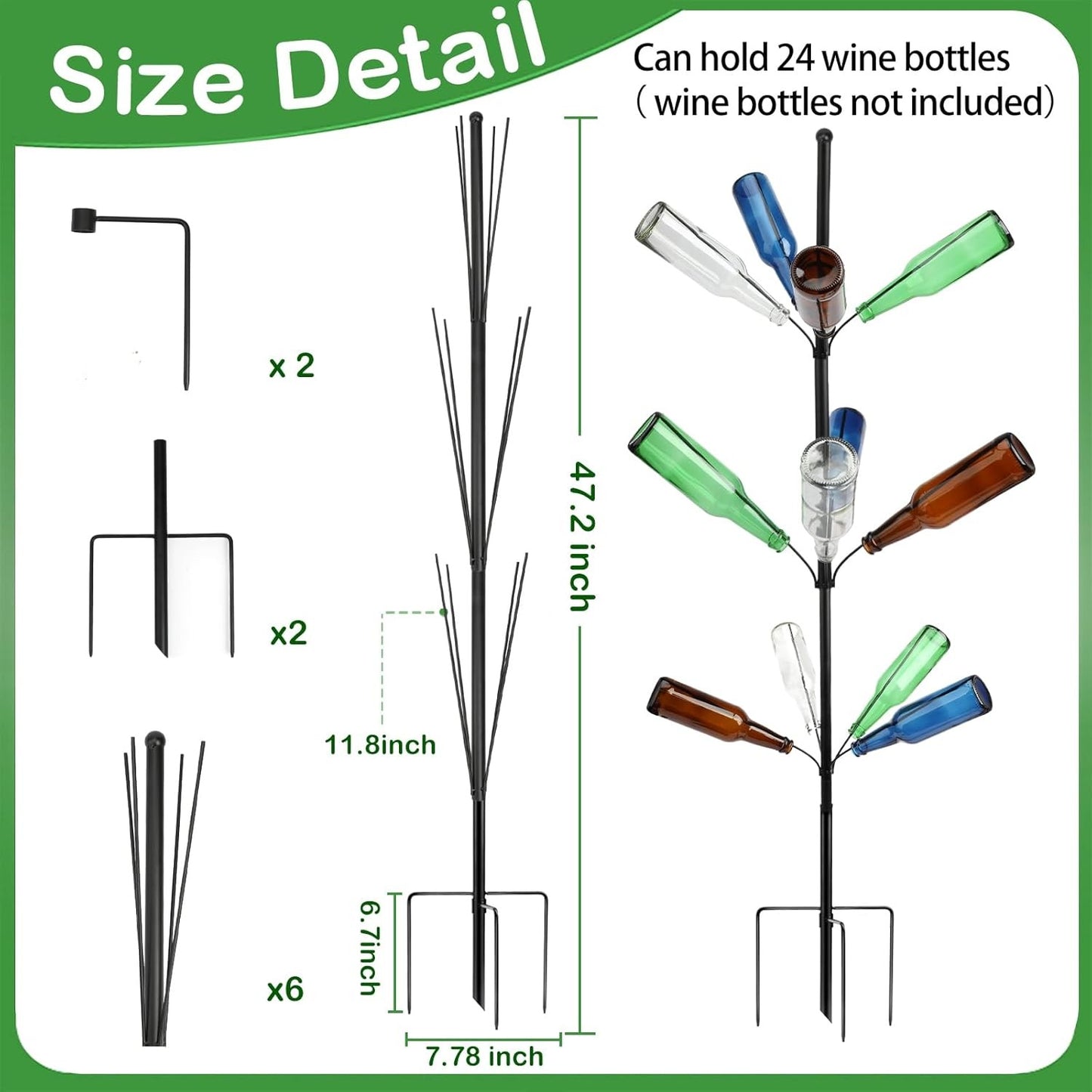 2 Pcs Heavy Duty Metal Wine Bottle Tree Garden Decor, 47 Inches Tall | Outdoor Rustic Yard Art Display