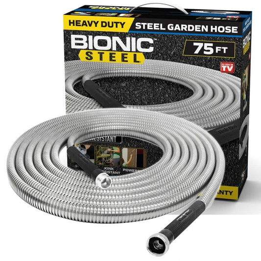 5/8 in. Dia. x 75 ft. Heavy-Duty Stainless Steel Garden Hose – Kink-Free, Weatherproof, Lightweight